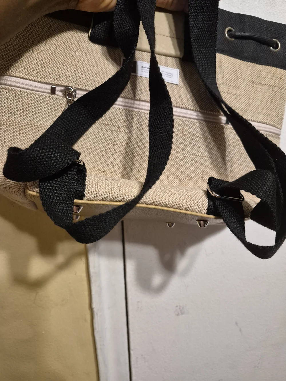 Holn Muethai Canvas Adjustable Backpack in Natural with Black Straps